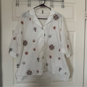 Boho Chic White Button Down Shirt with Embroidery